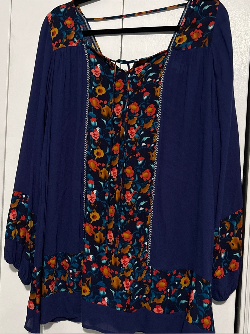 Umgee Blue Floral Long Sleeve Boho Hippie Loose Fit Top Tunic Size Small
